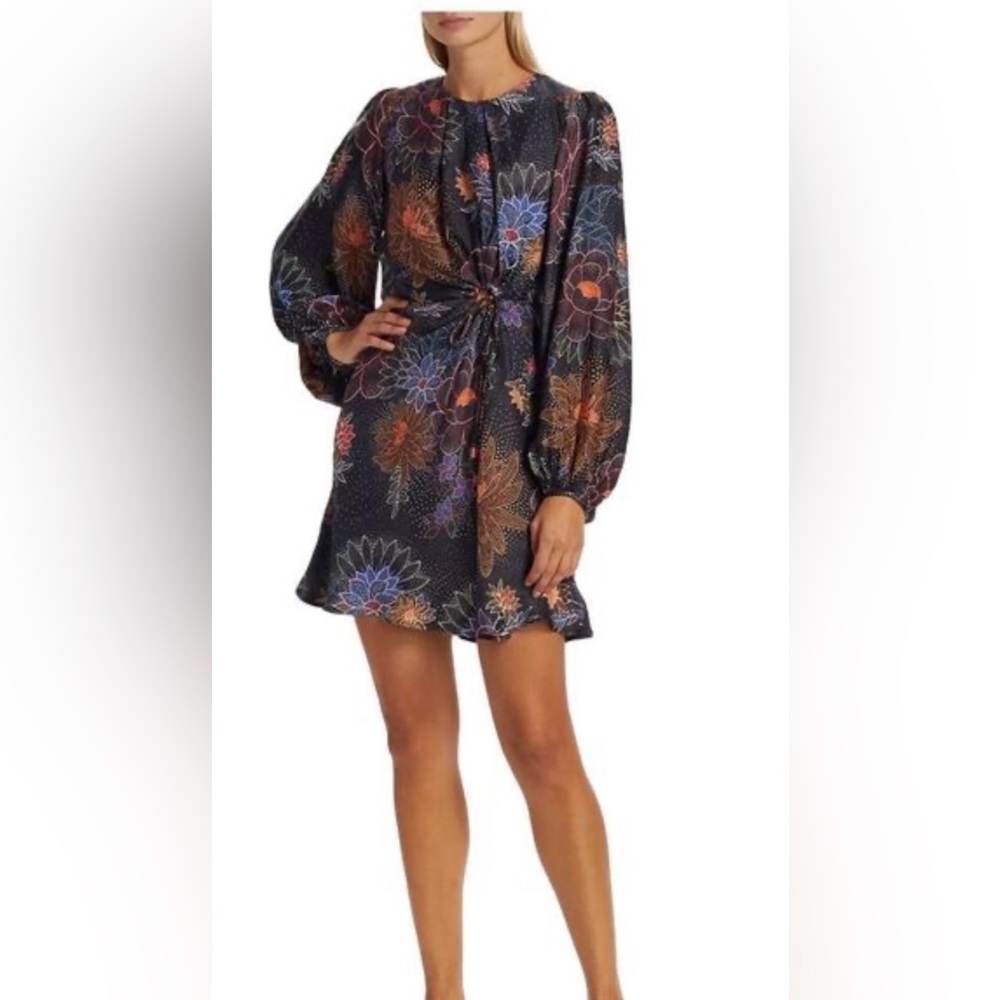 FARM Rio Sparkle Flowers Long Sleeve Satin Cutout Black Mini Dress Size XL NEW